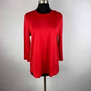 J. Jill M Red Perfect Pima Cotton Side-Button Tee In Pimento 3/4 Sleeves